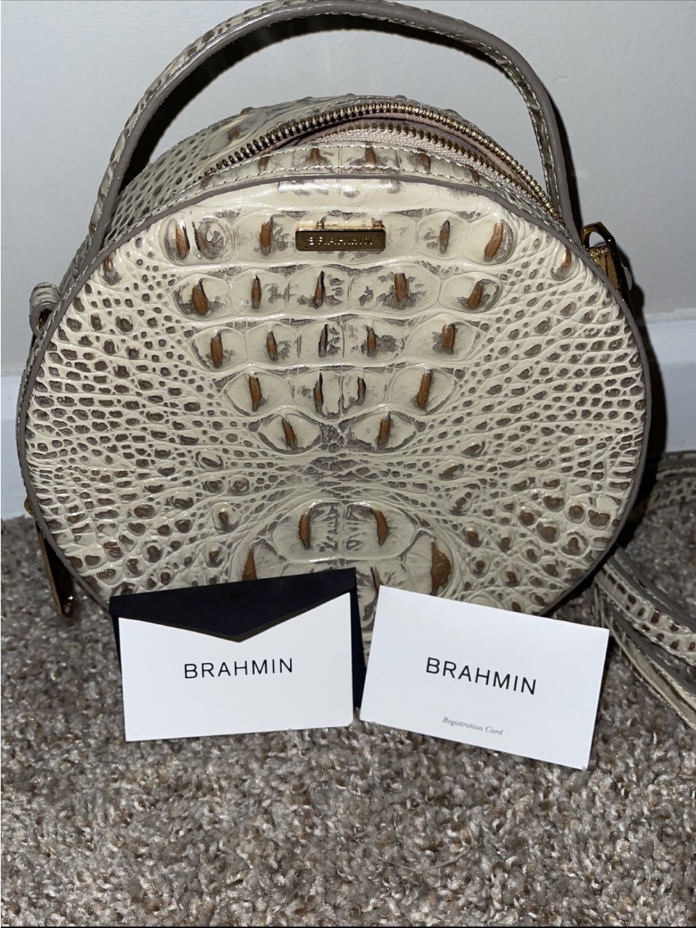 Brahmin Cream Croc-Embossed Round Top-Handle Mini Bag - Picture 4 of 14